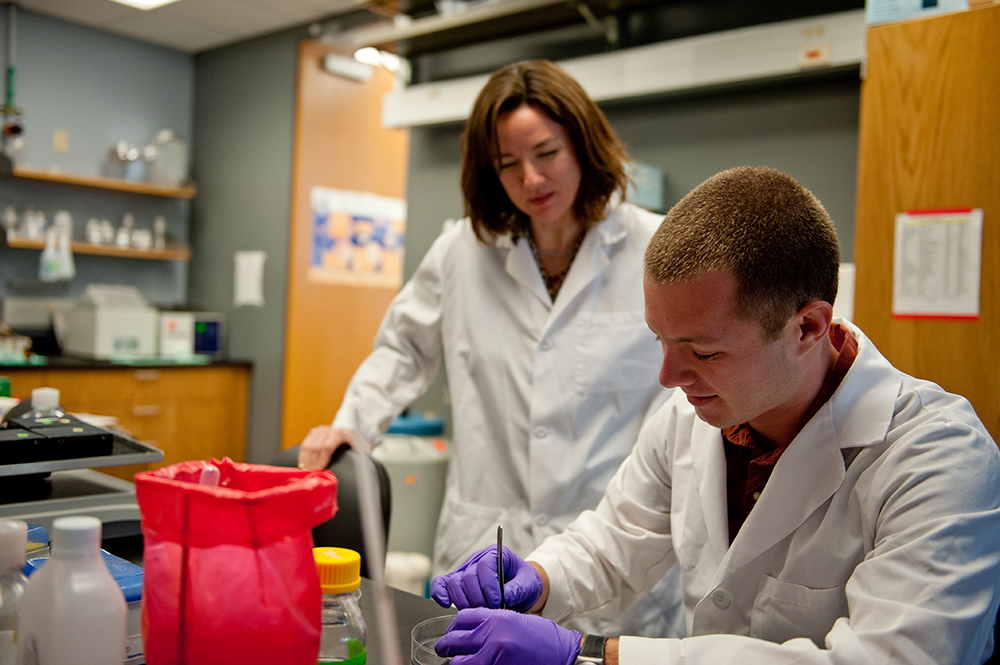 Two Texas biomedical engineering researchers in lab coats at desk in lab