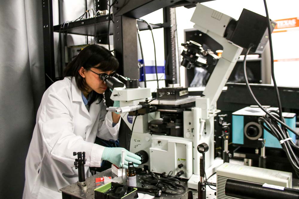 BME Student in lab looking into microscope