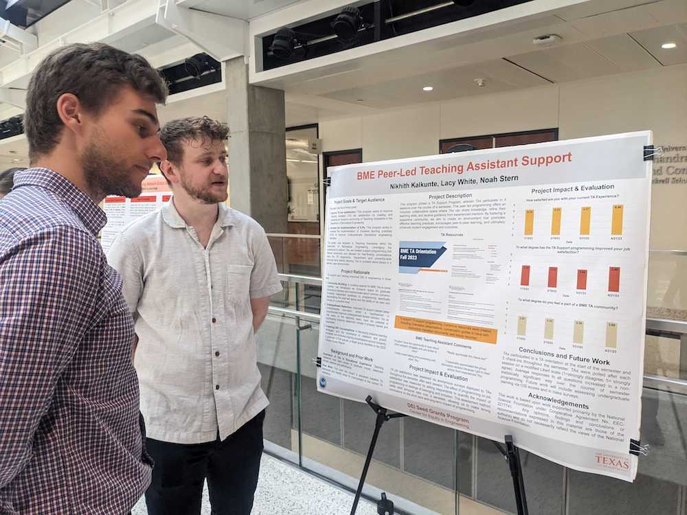 Texas Engineering student Noah Stern and talking to student about poster