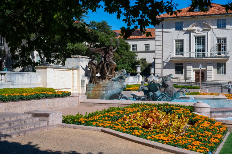 Colorful orange flowers in the foreground and a fountain in the background