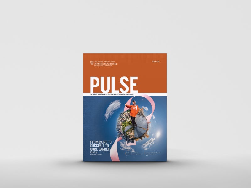 The cover of the UT Austin Department of Biomedical Engineering Pulse magazine against a grey background.