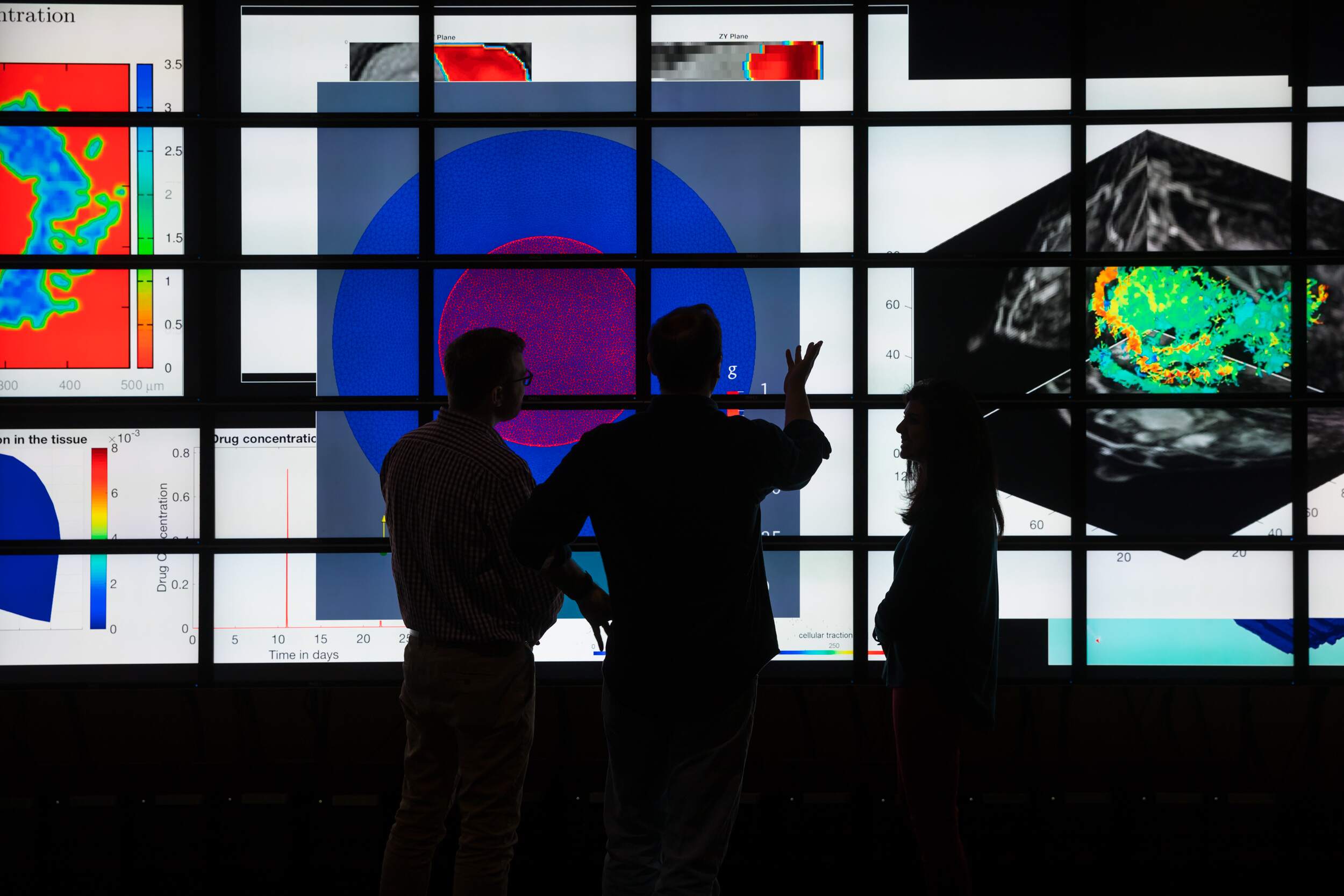 Two researchers silhouetted looking at a screen with biomedical images at UT Austin