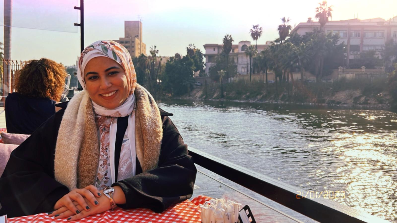 Texas BME student Alaa Melek smiling next to the Nile River